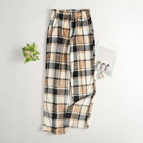 ASDFVBKG Plush Pajamas Women Soft Elastic Waist Checkered striped print Fleece Pjs Pants Sleep Pockets Comfortable Fashion Xmas Straight Leg Sleepwear Light Brown S