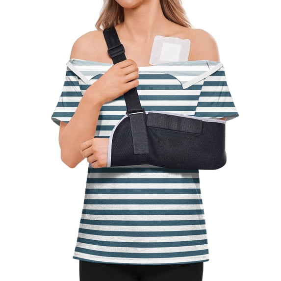 ASDFVBKG Post Shoulder Surgery Shirt for Women Tear Away Short Sleeve Tops After Rotator Cuff Shirt V Neck Chemo Port Adaptive Clothing Gray L