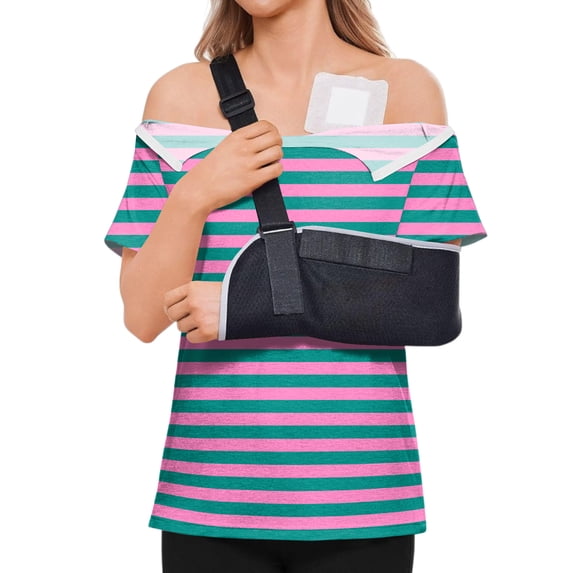 ASDFVBKG Post Shoulder Surgery Shirt for Women Tear Away Short Sleeve Tops After Rotator Cuff Shirt V Neck Chemo Port Adaptive Clothing Pink 3XL
