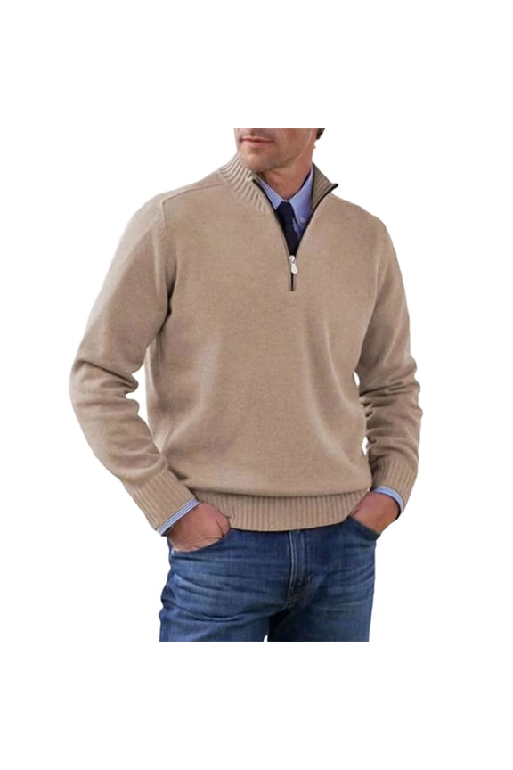 Quarter Zip Sweaters for Men Long Sleeve Collar Lightweight Knitted Pullover Casual Mens Loose Fit Fashion Cozy Fall Winter Solid Top Sweaters Beige L