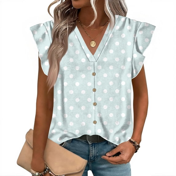 ASDFVBKG Ruffle Trim Tee Womens Sleeveless Soft Neck Shirts Dressy Dot Pattern Casual Loose Fit Outfits Clothes Light Blue XL