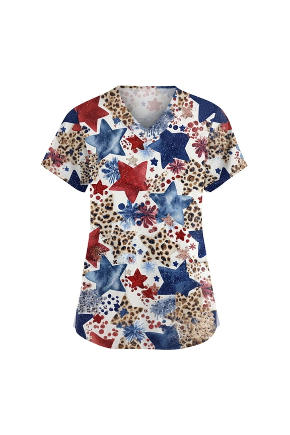 Scrub Tops Women V-Neck American Flag Independence Day Loose Fit Scrub Shirts Short Sleeve Working Uniform with Pockets Blue S