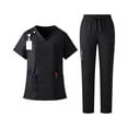 thumbnail image 1 of ASDFVBKG Scrub for Women Sets Solid V-Neck Short Sleeve Tops and Long Pants Nurse's Workwear Lightweight Suits with Pockets Black XL, 1 of 2