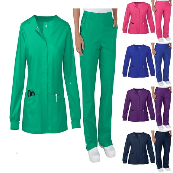 ASDFVBKG Scrubs Jacket Set for Women Crew Neck Snap-Front Medical Nursing Uniform Jogger Suit Stretch Top & Pants with Multi Pocket Long Sleeve Casual Warm Up Jackets Workwear Green L