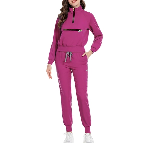ASDFVBKG Scrubs for Women Zipper Collar Nursing Uniform Scrub Tops Long Sleeve Jogger Pants Drawstring Solid for Women Scrub Suit with Pockets Hot Pink 2XL