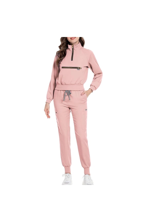Scrubs Medical Uniform Women Scrubs Set Long Sleeve Zipper Collar Scrub Tops Jogger Pants with Pockets Nursing Uniform Solid Drawstring Womens Scrub Suit Pink L