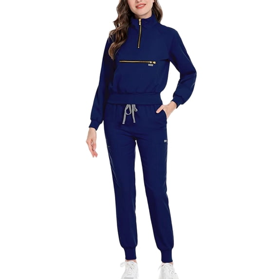 ASDFVBKG Scrubs for Women Long Sleeve Zipper Collar Scrub Tops Jogger Pants Pockets Medical Uniform Solid Drawstring Womens Scrub Sets Navy XL