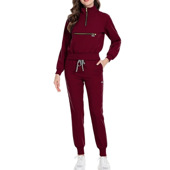 ASDFVBKG Scrubs Set for Women Zipper Collar Medical Uniform Scrub Tops Long Sleeve Jogger Cargo Pants Drawstring Solid Womens Scrub Suit with Pockets Wine L