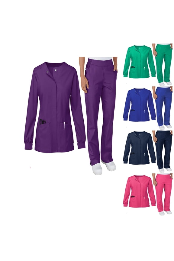 Scrubs Sets for Women Crew Neck Snap-Front Nurse Uniform Jogger Suit Nurse Tops & Cargo Pant with Multi Pocket Long Sleeve Casual Warm Up Jackets Workwear Dark Purple S