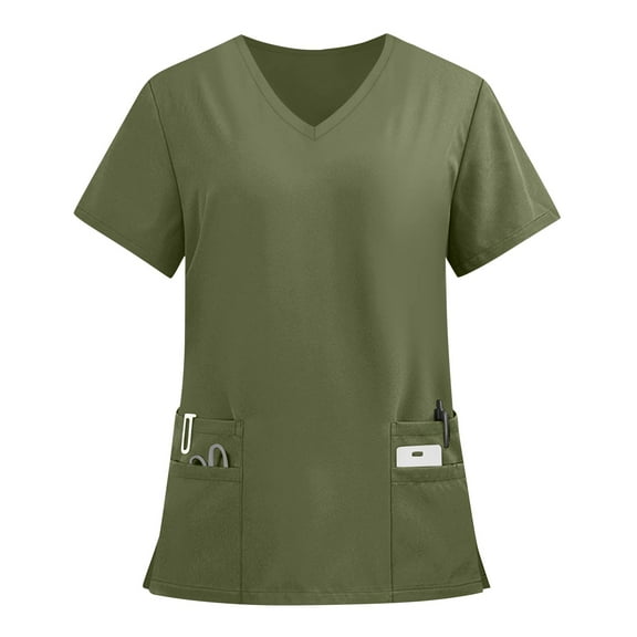 ASDFVBKG Scrubs Top for Women Plus Size Short Sleeve V-Neck Solid Color Nursing Uniform Pocket Casual 2025 Clearance Workwear Scrub Tops Army Green 4XL
