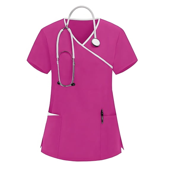 ASDFVBKG Scrubs Top for Women Plus Size Short Sleeve V Neck Solid Color Working Top with Pocket Casual 2026 Workwear Scrub Tops Hot Pink XL
