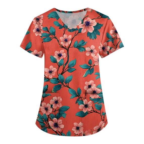 ASDFVBKG Scrubs Top for Women Short Sleeve V-Neck Working Top with Pocket Floral Print Plus Size 2026 Casual Workwear Scrub Top Saffron L