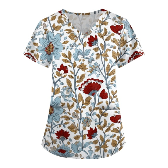 ASDFVBKG Scrubs Top for Women Short Sleeve V-Neck Working Top with Pocket Floral Print Plus Size 2026 Casual Workwear Scrub Top Sky Blue 2XL