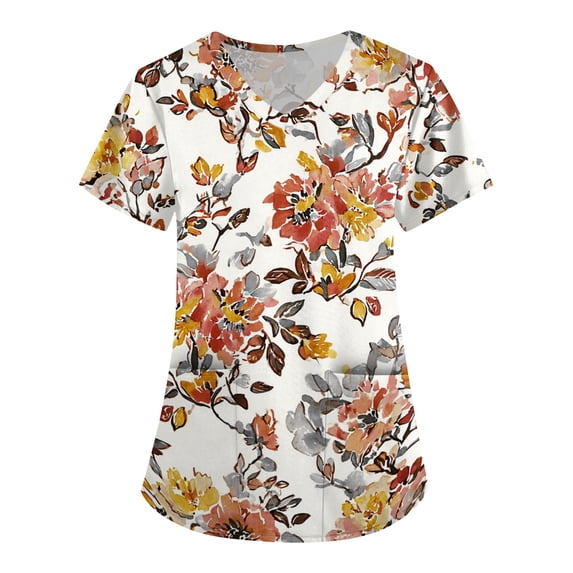 ASDFVBKG Scrubs Top for Women Short Sleeve V-Neck Working Top with Pocket Floral Print Plus Size 2026 Casual Workwear Scrub Top White M