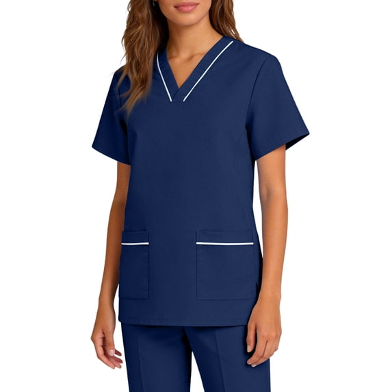 ASDFVBKG Scrubs Top for Women Short Sleeve V Neck Working Top with Pocket Solid Color Plus Size 2026 Casual Workwear Scrub Top Navy 2XL