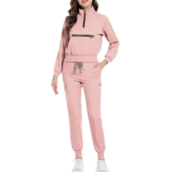 ASDFVBKG Scrubs for Women Set Clearance Long Sleeve Zipper Collar Scrub Tops & Jogger Pants Pockets Nursing Uniform Solid Drawstring Womens Scrub Suit Pink 2XL