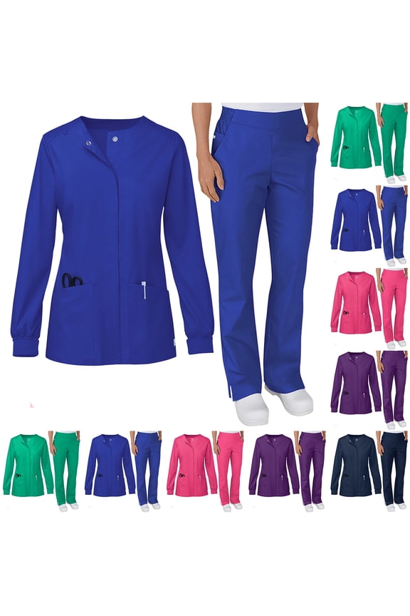 Scrubs for Women Sets Round Neck Snap-Front Medical Nursing Uniform Jogger Suit Nurse Tops & Cargo Pant with 6 Pockets Long Sleeve Casual Warm-Up Jacket Workwear Blue 2XL