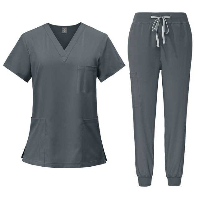 ASDFVBKG Scrubs for Women Set V-Neck Short Sleeve Solid Color Plus Size Clothing and Jogger Pant Set with 6 Pockets Gray XXL