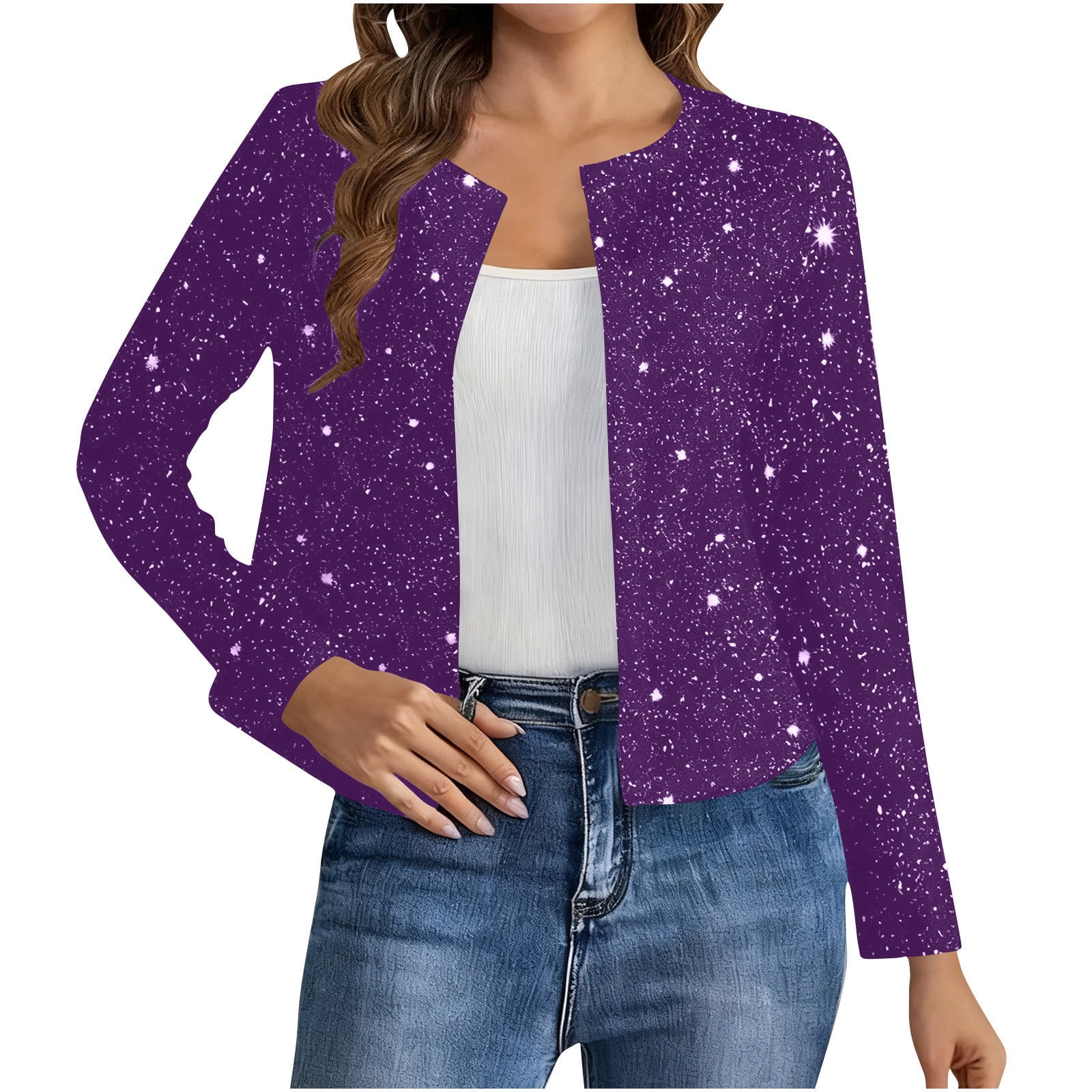 Sequin Blazer for Women Sparkling Open Front Cropped Blazer Long Sleeve Fashion Coat Loose Fit Jackets Purple M