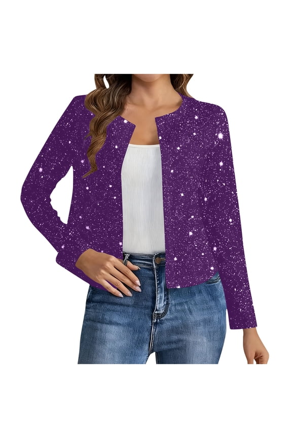 Sequin Jackets for Women Open Front Sparkly Glitter Long Sleeve Blazer Cropped Dressy Coat Loose Jackets Purple XL