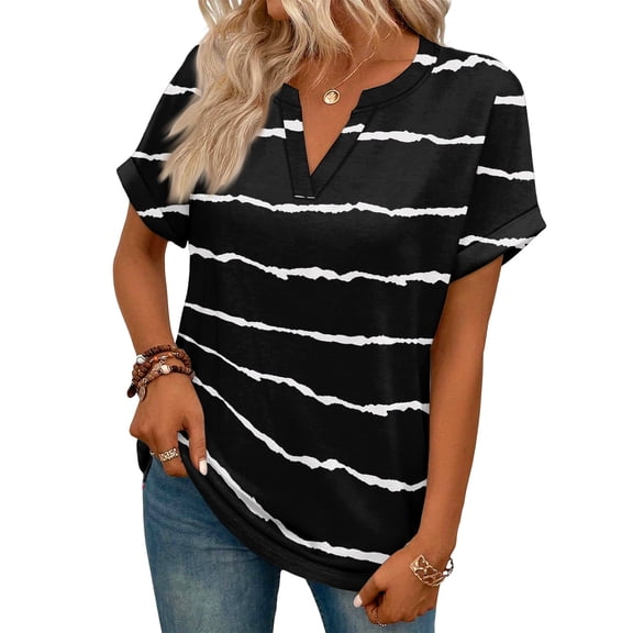 ASDFVBKG Short Sleeve Blouses for Women Comfortable V-Neck Blouses Trendy Checkered Striped Print Relaxed Fit Loose Clothing Black S