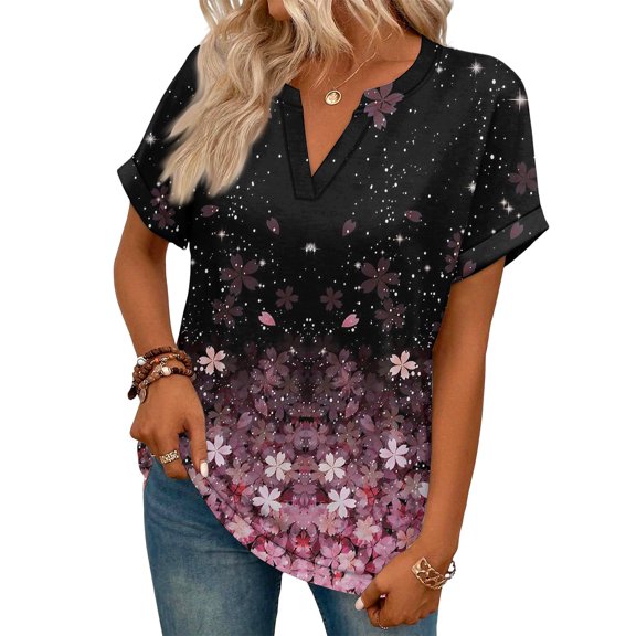 ASDFVBKG Short Sleeve Blouses for Women Comfortable V-Neck Shirts Dressy Floral Print Vacation Loose Fit Clothing Wine XL
