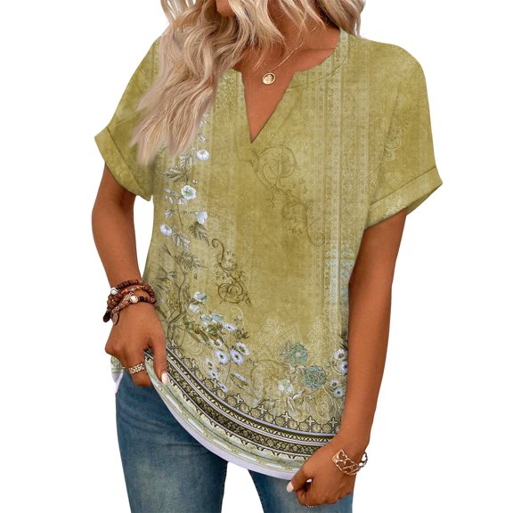 ASDFVBKG Short Sleeve Blouses for Women Comfy Neck T Shirts Fashion Floral Print Casual Loose Fit Clothing Yellow XXL
