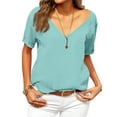 thumbnail image 1 of ASDFVBKG Short Sleeve Blouses for Women Comfy V-Neck Blouse Dressy Solid Color Relaxed Fit Loose Fit Outfits Clothes Turquoise S, 1 of 3