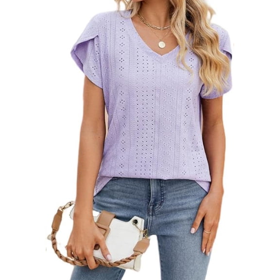 ASDFVBKG Short Sleeve Blouses for Women Cozy Neck T Shirts Dressy Solid Casual Loose Outfits Purple M
