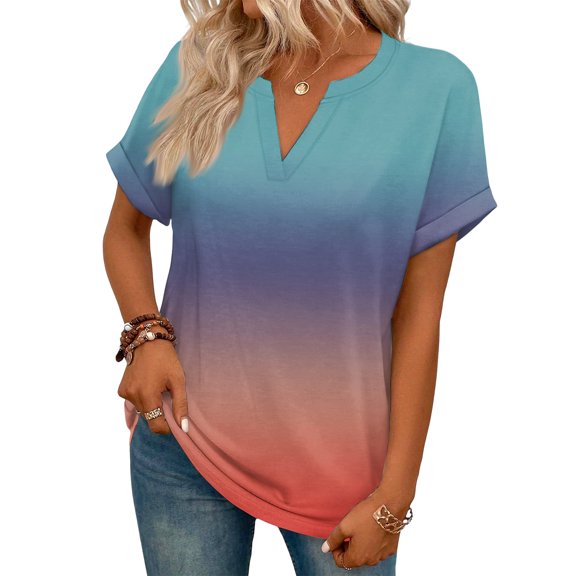 ASDFVBKG Short Sleeve Blouses for Women Cozy V-Neck Blouse Fashion Gradient Casual Loose Outfits Clothes Watermelon Red XL