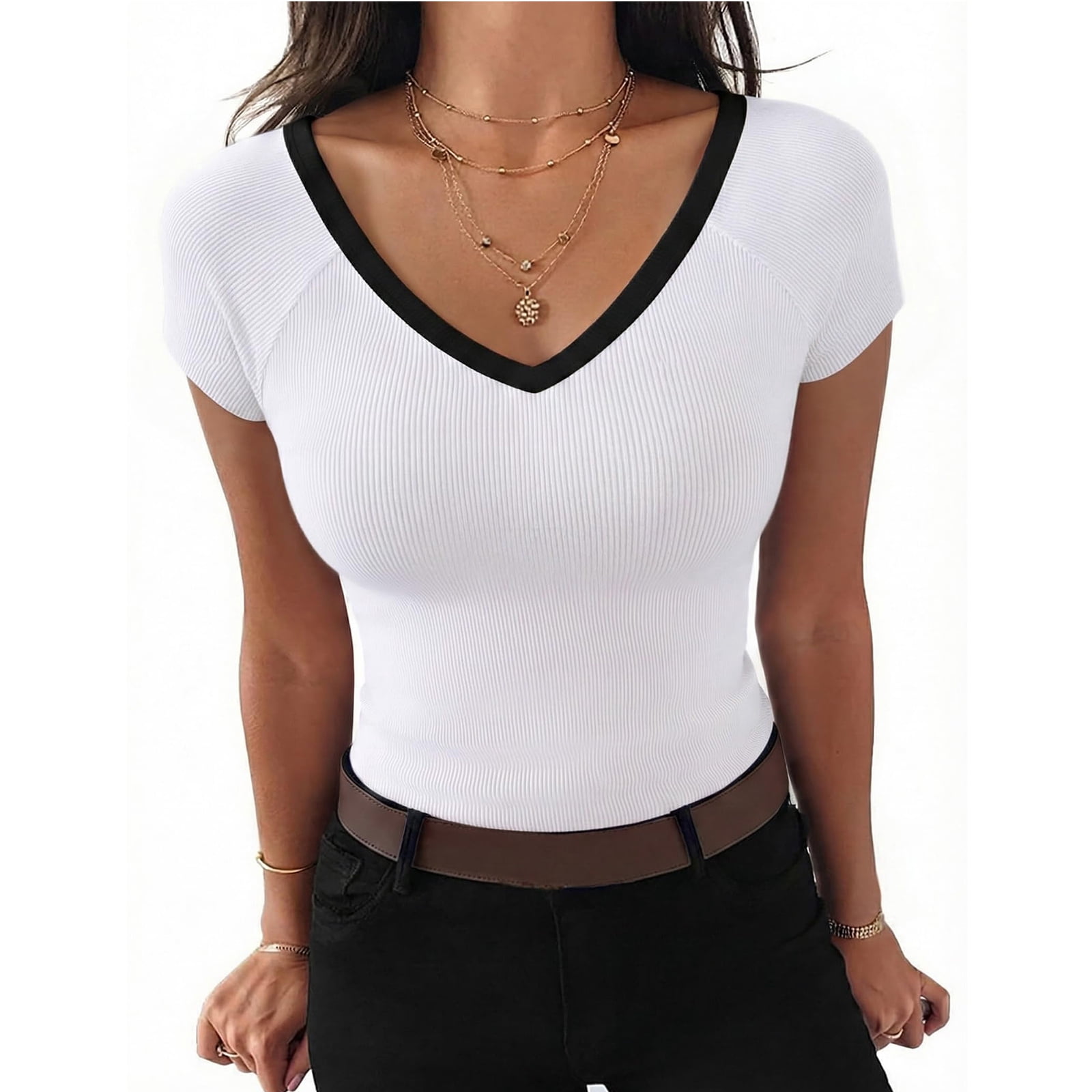 ASDFVBKG Short Sleeve Shirts for Women V Neck Summer Ribbed Tshirts ...