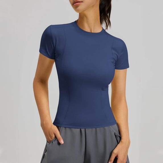 ASDFVBKG Short Sleeve Workout Tops for Women Slim Fitted Athletic Shirt Compression Tee Dry Fit Yoga Gym Tshirt Comfy Basic Top Navy L
