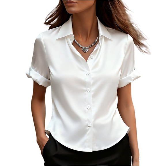 ASDFVBKG Silk Satin Blouses for Women Satin Silk Summer Casual V Neck Shirts Dressy Short Sleeve Blouse Business Trendy Silky Tops White M
