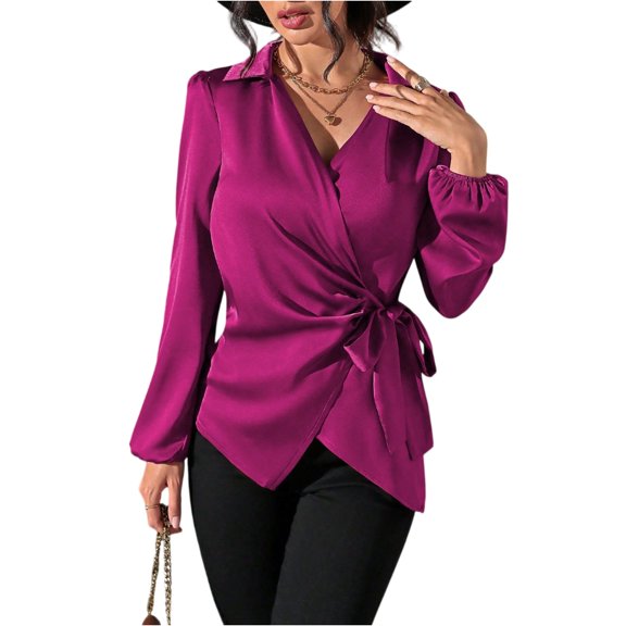 ASDFVBKG Silk Satin Blouses for Women Tie Up Waist V Neck Shirt Dressy Long Sleeve Blouses Work Satin Silk Tops Purple M