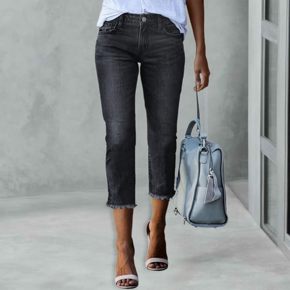 ASDFVBKG Slim Straight Leg Jeans for Women Cropped Trendy Jeans Stretch Denim Pull on Raw Hem Summer Capris Jeans Black L