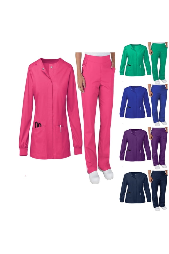 Snap-Front Scrub Jacket Set for Women Snap Front Warm-Up Crew Neck Jackets with 6 Pockets 2025 Solid Color Nurse Tops & Cargo Pant Fitted Workwear Suit for Women Hot Pink XL
