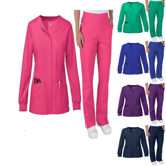 ASDFVBKG Snap-Front Scrub Jacket Set for Women Warm-Up Crew Neck Jacket with Multi Pocket 2025 Solid Color Nurse Tops & Cargo Pant Fitted Workwear Suit for Women Hot Pink M