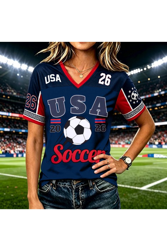 Soccer 2026 Shirt Women USA Football Soccer Jersey Game Day Ball Game T-Shirt Casual Host Sports Short Sleeve Graphic Tops Dark Blue M
