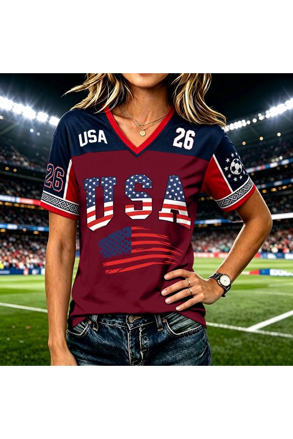 Soccer Cup 2026 Soccer Shirt for Women Soccer Fan Jersey Jersey Y2k V Neck Short Sleeve Shirt Wine XL