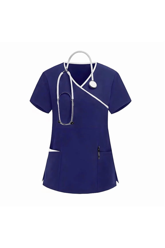 Soft Stretch V-Neck Medical Scrub Tops for Women Short Sleeve Nursing Uniform with Pocket Solid Plus Size 2026 Comfy Workwear Scrub Tops Navy XL