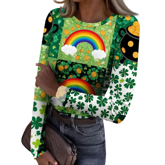 ASDFVBKG St Patrick's Day Tops for Women Fashion Crew Neck Basic Long Sleeve Slim Fitted Tops Ribbed Knit St Patrick's Day Lucky Shamrock Soft Pullover Tops Multicolor M