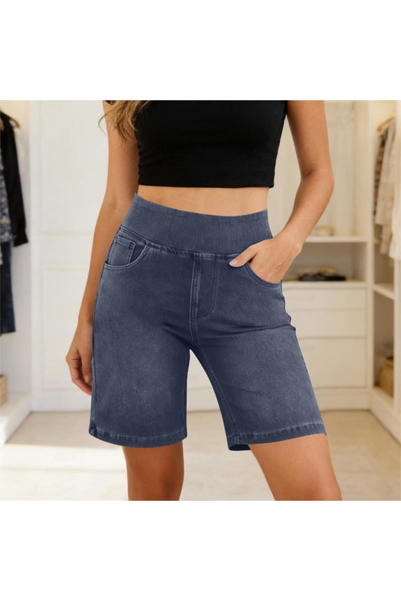 Straight Leg Flare Bermuda Jeans Shorts for Women, Mid Rise Dressy Jeans Shorts Stretch Denim Pull on Elastic Waist Summer Denim Shorts Navy L