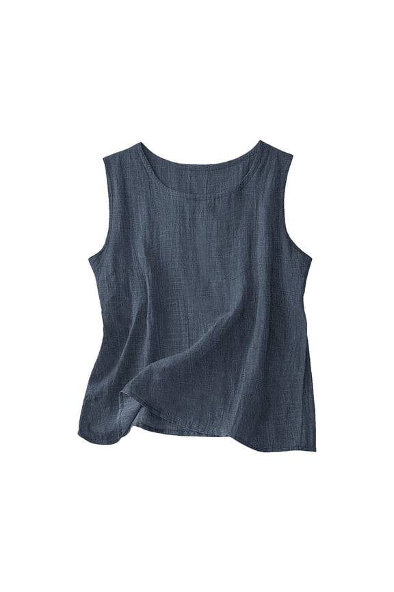 Summer Linen Tank Top for Women Fashion Sleeveless Crew Neck Tees Comfortable Lounge Loose Fit Solid Color Blouse Dark Gray XL