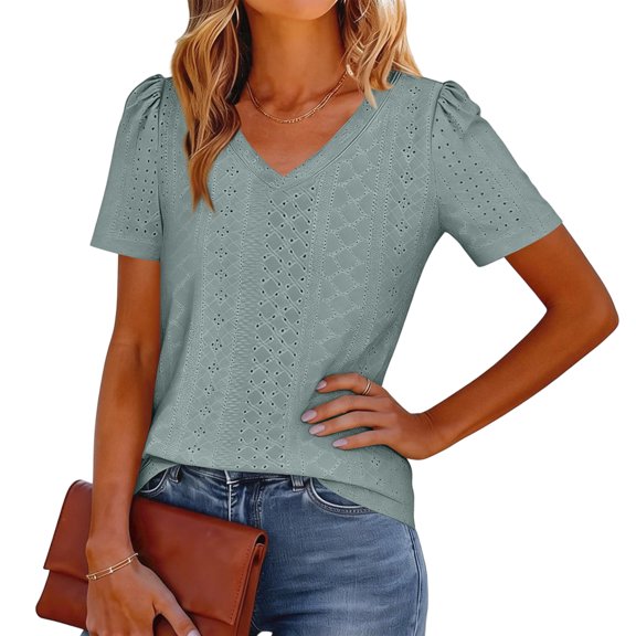 ASDFVBKG Summer Tops for Women Comfortable Short Sleeve Eyelet V-Neck Shirts Trendy Solid Color Relaxed Fit Loose Fit Outfits Green XL