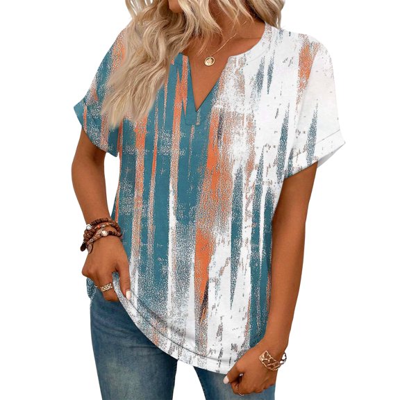 ASDFVBKG Summer Tops for Women Comfortable Short Sleeve V Neck Tee Tops Fashion Floral Print Casual Loose Fit Outfits Clothes Royal Blue S