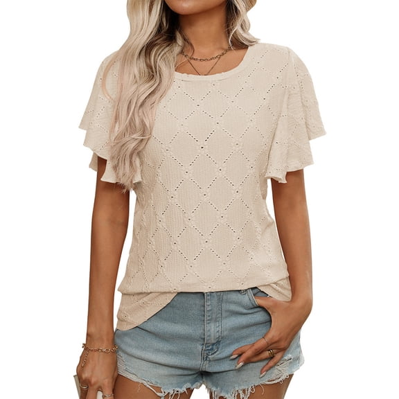 ASDFVBKG Summer Tops for Women Cozy Short Sleeve Eyelet Crewneck Blouses Dressy Solid Color Vacation Loose Fit Outfits Beige XL