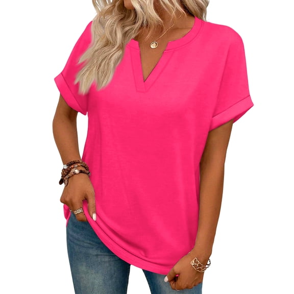 ASDFVBKG Summer Tops for Women Cozy Short Sleeve V Neck Blouse Fashion Solid Color Casual Loose Fit Clothing Hot Pink L
