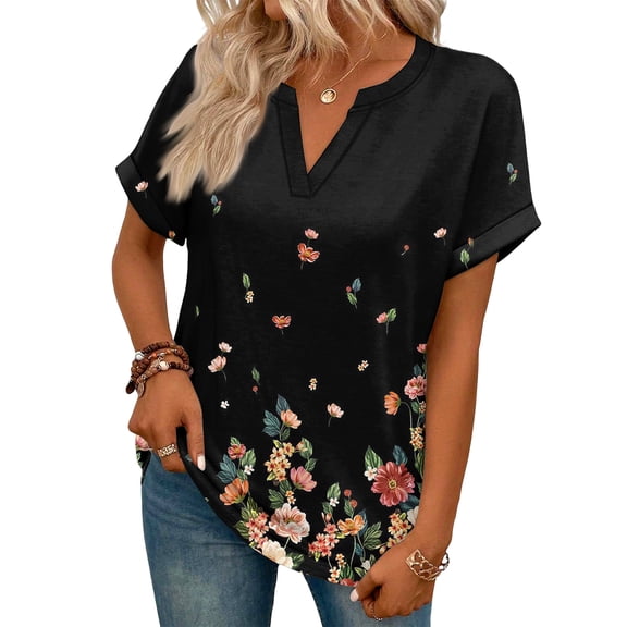 ASDFVBKG Summer Tops for Women Soft Short Sleeve V-Neck Shirts Trendy Floral Print Casual Loose Fit Clothing Black M