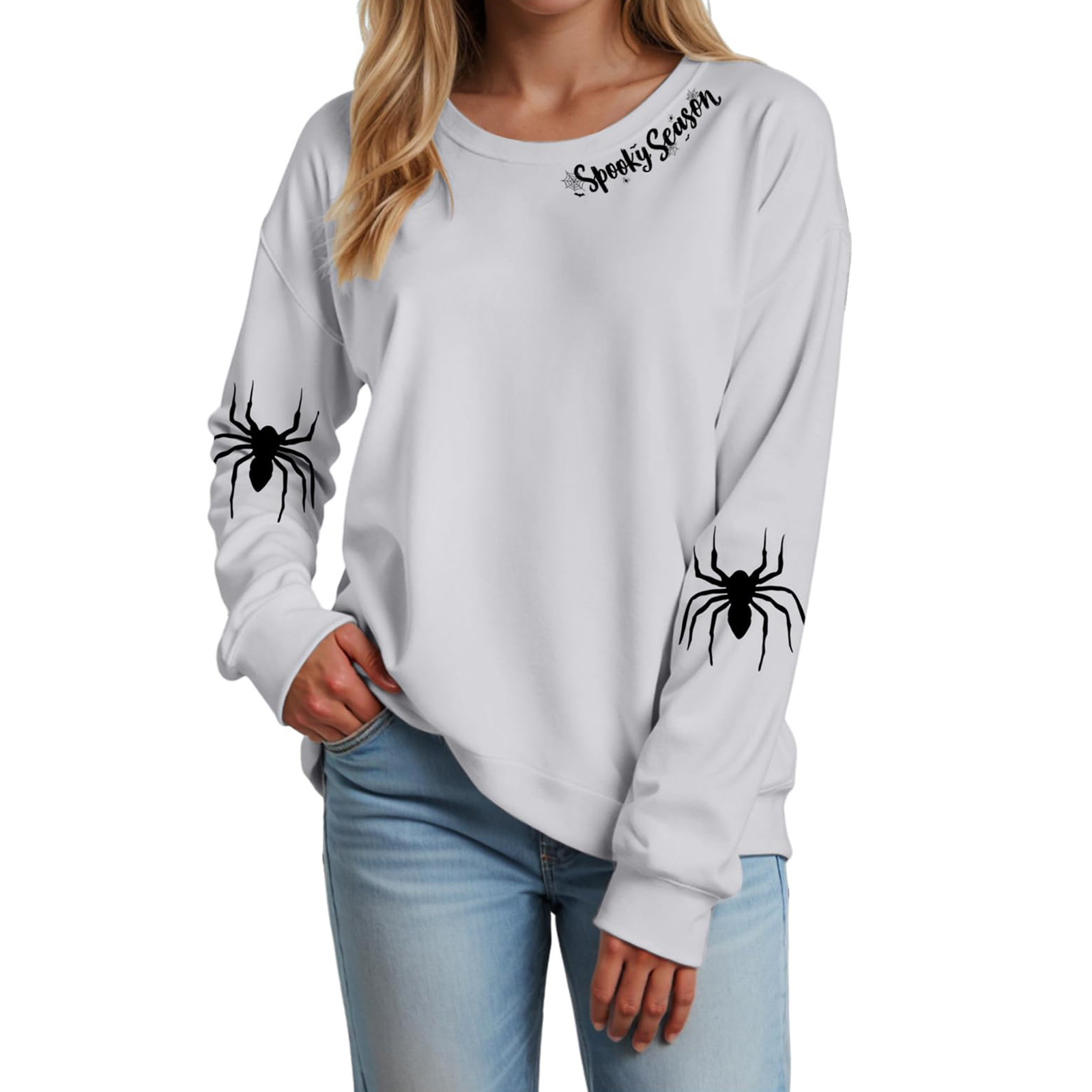 Yihaojia Halloween Sweatshirt Women – Cobweb & Pumpkin Graphic, Crewneck Pullover, Thin Stretch Fabric