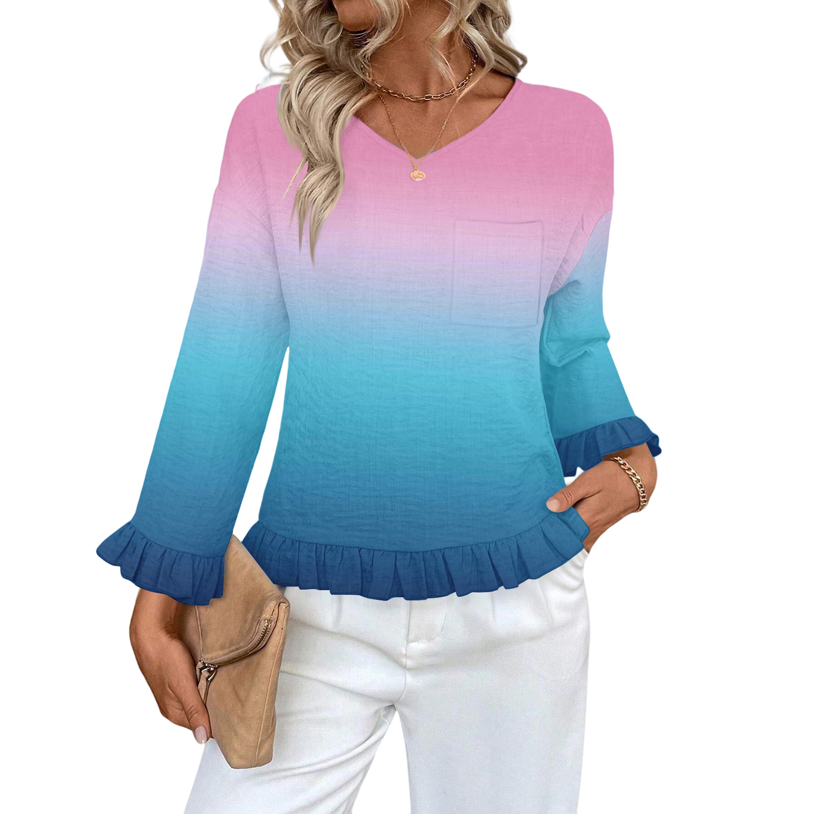 Women's Long Sleeve V-Neck Top With Pleated Front - Loose Fit Casual Blouse